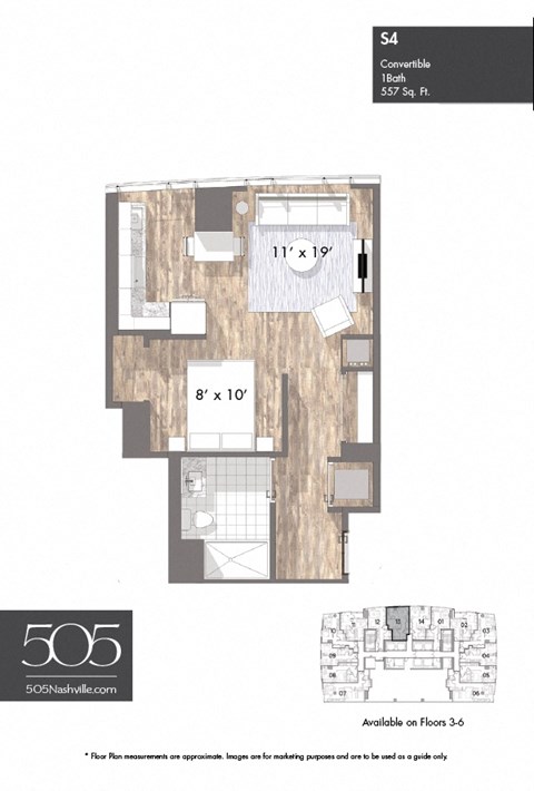 Floor plan for studio, 1 bath, 557 sqft