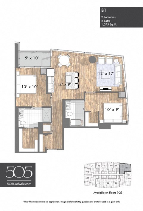 Floor plan for 2 beds, 2 baths, 1075 sqft