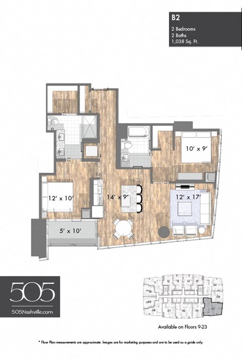 Floor plan for 2 beds, 2 baths, 1038 sqft