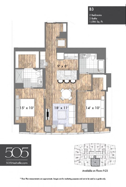 Floor plan for 2 beds, 2 baths, 1086 sqft