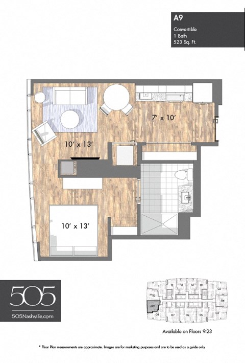 Floor plan for studio, 1 bath, 523 sqft