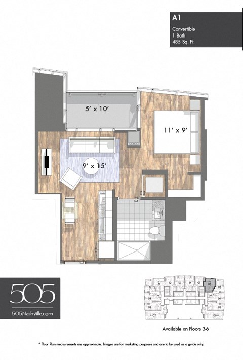 Floor plan for studio, 1 bath, 485 sqft