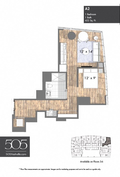 Floor plan for 1 bed, 1 bath, 622 sqft