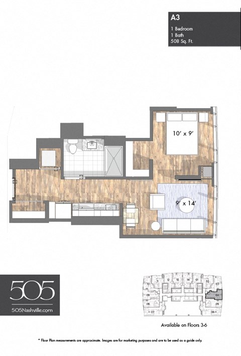 Floor plan for 1 bed, 1 bath, 508 sqft