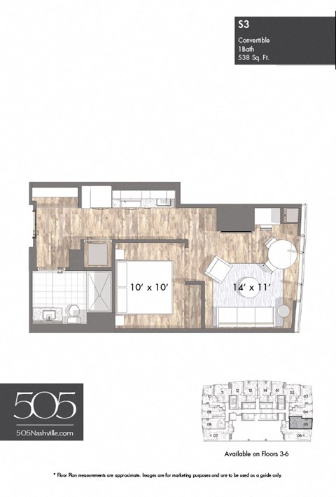 Floor plan for studio, 1 bath, 538 sqft
