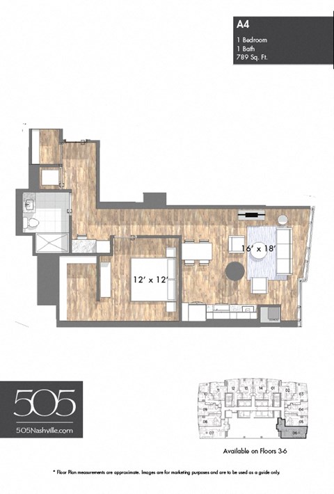 Floor plan for 1 bed, 1 bath, 789 sqft