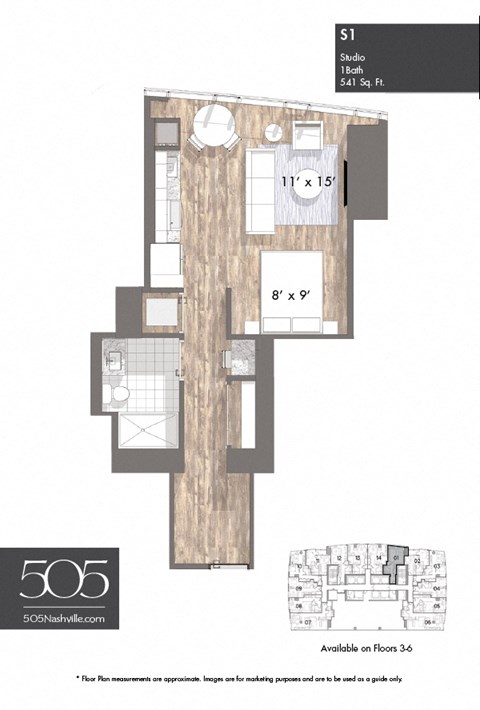 Floor plan for studio, 1 bath, 541 sqft