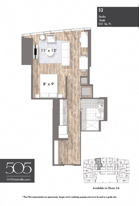 Floor plan for studio, 1 bath, 561 sqft