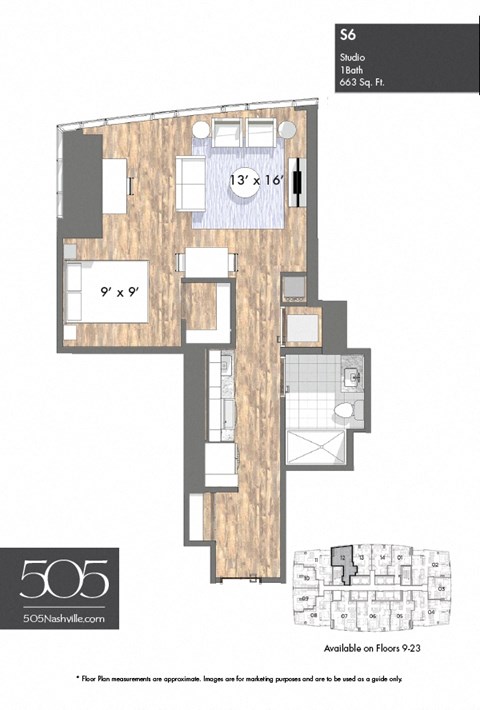 Floor plan for studio, 1 bath, 633 sqft