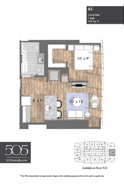 Floor plan for studio, 1 bath, 528 sqft