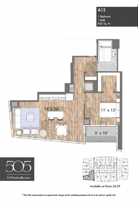 Floor plan for 1 bed, 1 bath, 805 sqft
