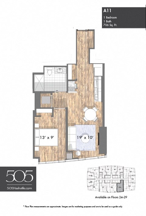 Floor plan for 1 bed, 1 bath, 706 sqft