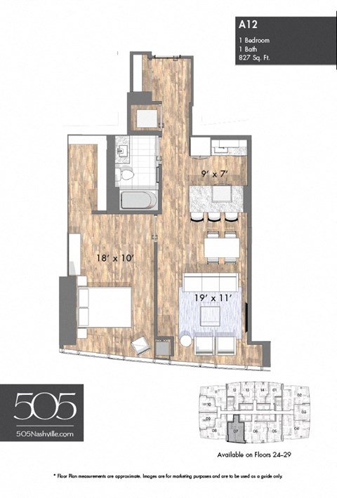 Floor plan for 1 bed, 1 bath, 827 sqft