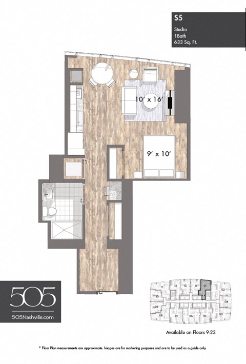 Floor plan for studio, 1 bath, 633 sqft