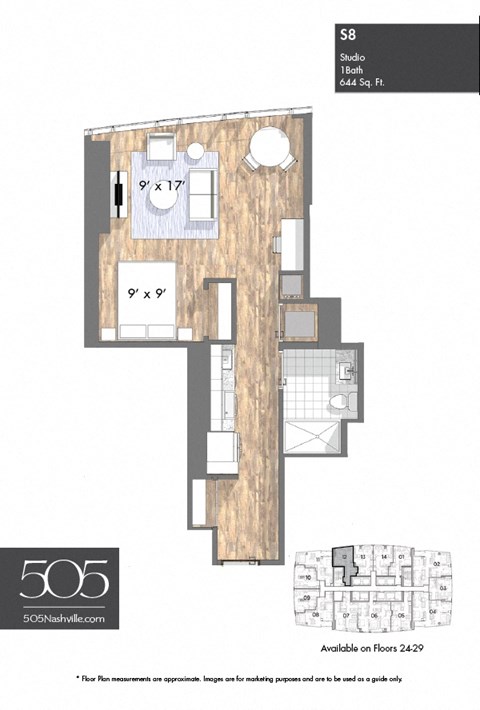 Floor plan for studio, 1 bath, 644 sqft