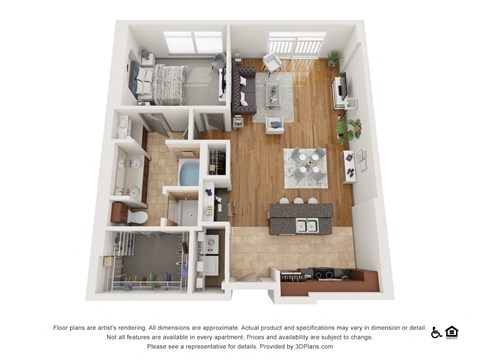 Floor plan for 1 bed, 1 bath, 1047 sqft