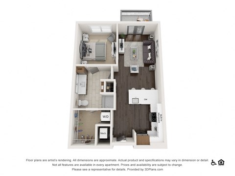 Floor plan for 1 bed, 1 bath, 675 sqft