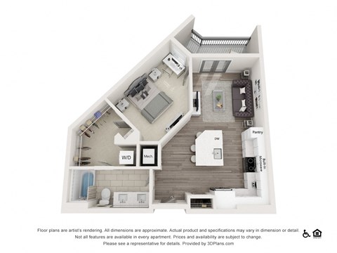 Floor plan for 1 bed, 1 bath, 708 sqft