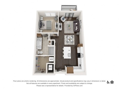 Floor plan for 1 bed, 1 bath, 821 sqft