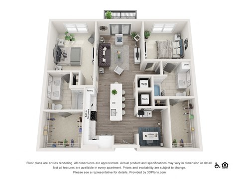 Floor plan for 2 beds, 2 baths, 1212 sqft