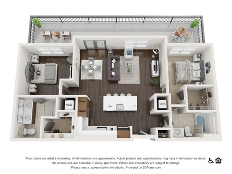 Floor plan for 2 beds, 2 baths, 1126 sqft
