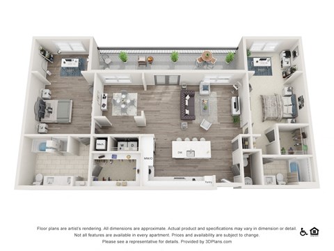 Floor plan for 2 beds, 2 baths, 1707 sqft