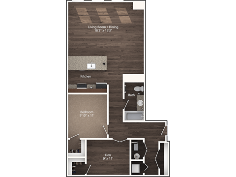 Floor plan for 1 bed, 1 bath, 991 sqft