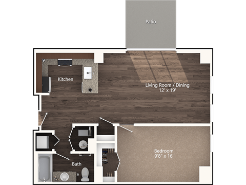 Floor plan for 1 bed, 1 bath, 722 sqft