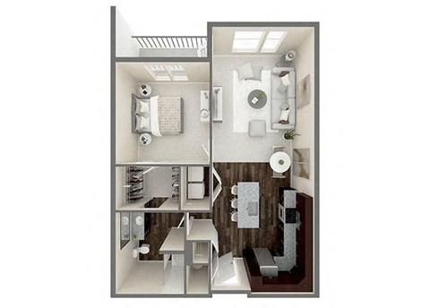 Floor plan for 1 bed, 1 bath, 857 sqft