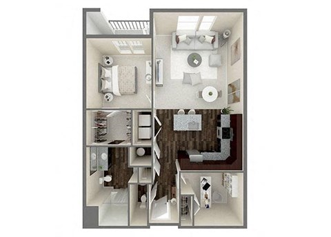 Floor plan for 1 bed, 1.5 baths, 957 sqft