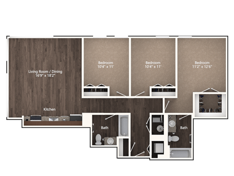 Floor plan for 3 beds, 2 baths, 1239 sqft