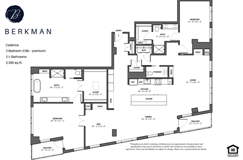 Floor plan for 2 beds, 2 baths, 2390 sqft