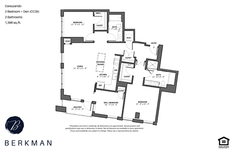Floor plan for 2 beds, 2 baths, 1396 sqft