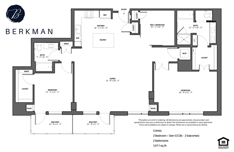 Floor plan for 2 beds, 2 baths, 1611 sqft