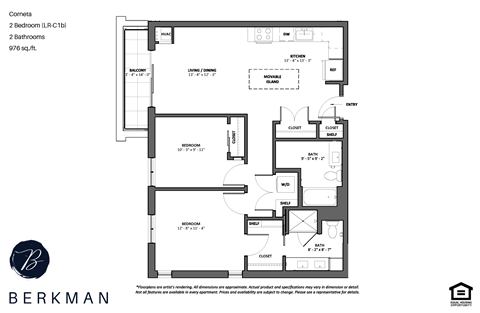 Floor plan for 2 beds, 2 baths, 1046 sqft
