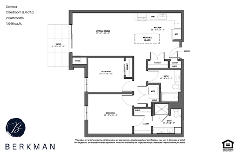 Floor plan for 2 beds, 2 baths, 1046 sqft