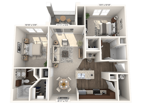 Floor plan for 2 beds, 2 baths, 1040 sqft