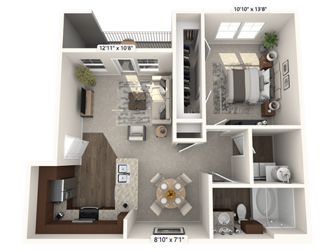 Floor plan for 1 bed, 1 bath, 728 sqft