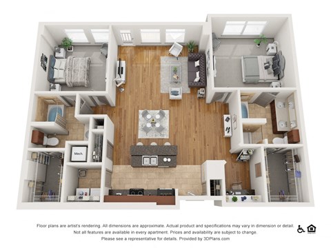 Floor plan for 2 beds, 2 baths, 1491 sqft