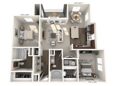 Floor plan for 2 beds, 2 baths, 1147 sqft