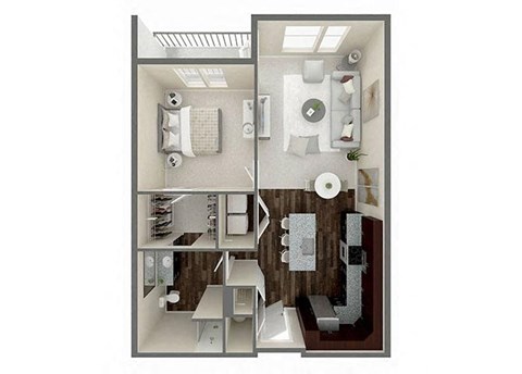Floor plan for 1 bed, 1 bath, 857 sqft