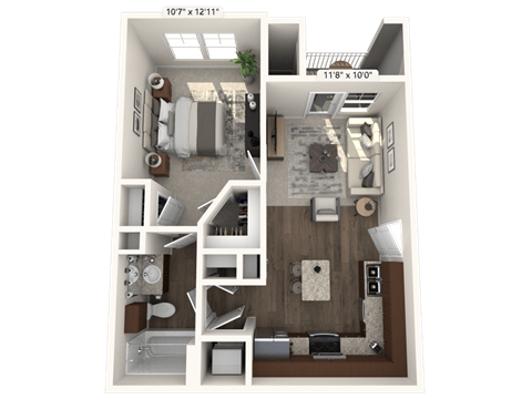 Floor plan for 1 bed, 1 bath, 580 sqft