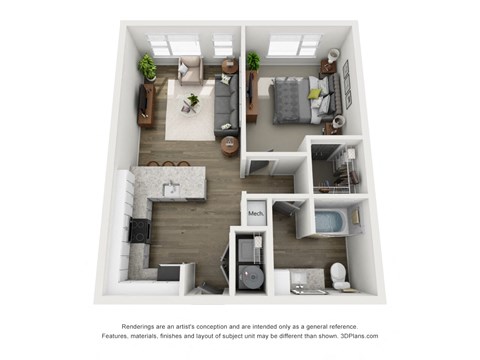 Floor plan for 1 bed, 1 bath, 682 sqft