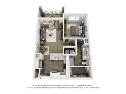 Floor plan for 1 bed, 1 bath, 798 sqft