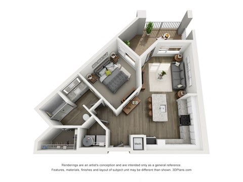 Floor plan for 1 bed, 1 bath, 718 sqft