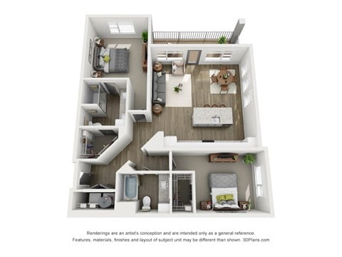 Floor plan for 2 beds, 2 baths, 1249 sqft