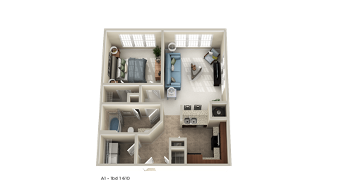 Floor plan for 1 bed, 1 bath, 610 sqft