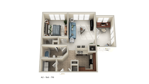 Floor plan for 1 bed, 1 bath, 716 sqft