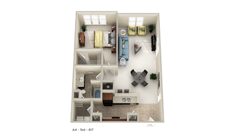 Floor plan for 1 bed, 1 bath, 817 sqft