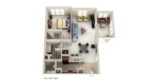 Floor plan for 1 bed, 1 bath, 922 sqft